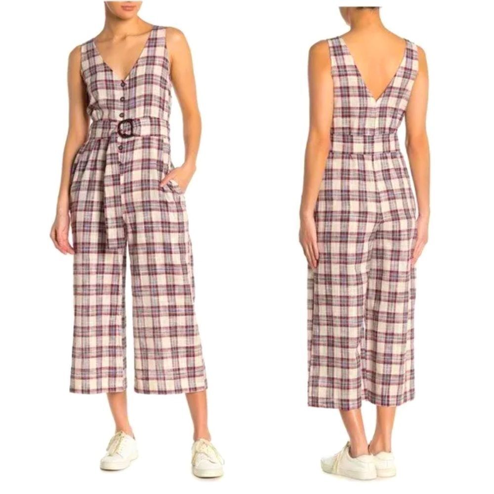 Anthropologie Moon River Plaid Belted Wide Leg Cropped‎ Jumpsuit Size Small NWOT